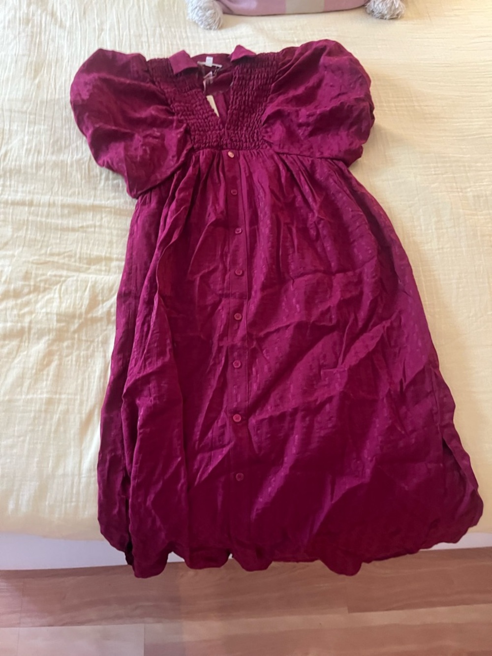 Magenta Puff-Sleeve Button-Front Dress
